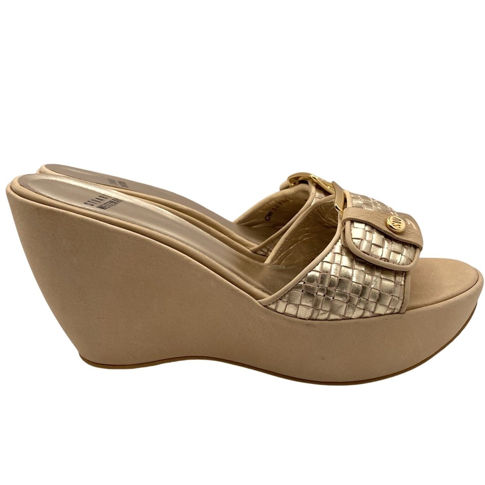 Stuart Weitzman Gold Woven Leather Wedge Slide Sandals Tan Womens 8.5